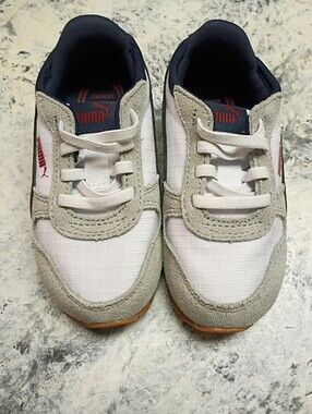Puma Kids White & Gray Low-Top Sneakers with Red Logo